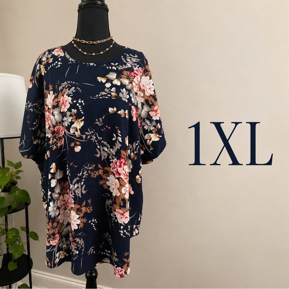 SHEIN Navy Floral Short Sleeve Tunic - 1XL